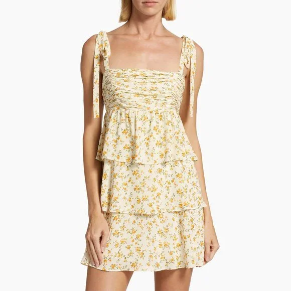 Reformation Avni Ruched Babydoll Mini Dress - White & Yellow Floral Print - XL - Picture 4 of 16